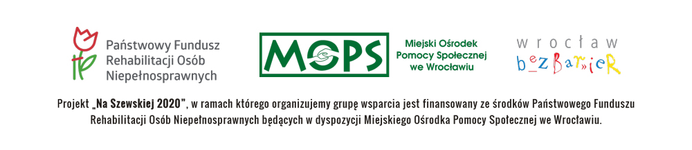 Logotypy projektu Na Szewskiej - PFRON, MOPS Wrocaw i Wrocaw bez barier